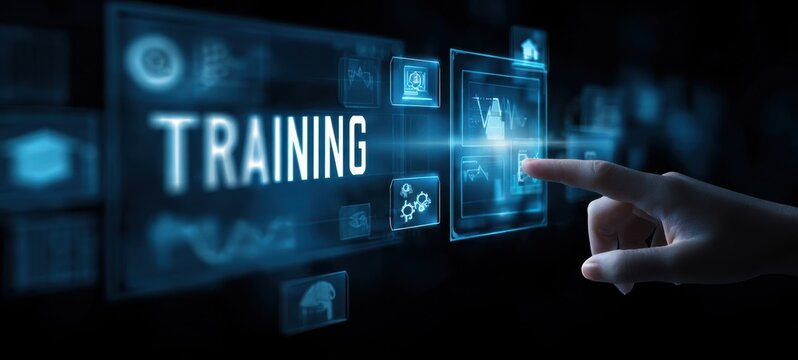 The hand interacting with a digital training interface and holographic elements.