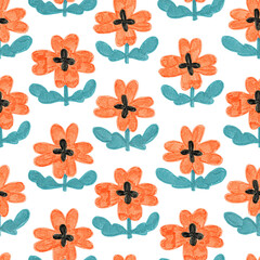 Seamless pattern with orange flowers and teal leaves. Bold handmade shapes with felt-tip texture. Decorative and colorful botanical repeat. Marker drawing.
