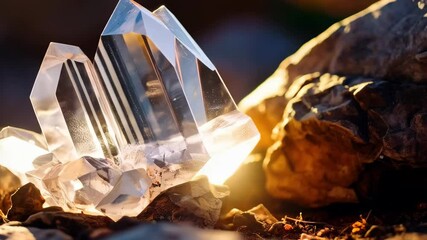 Luminous clear quartz crystal point clusters on earthy rocks, sunlit, facets and planes reflecting light, crystal healing, mineral specimen.
