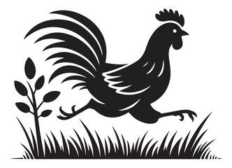 Black Rooster Silhouette Running Illustration for Farmhouse Decor Projects