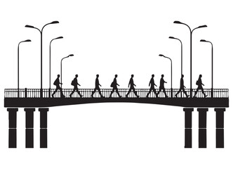 Busy pedestrian bridge silhouette with streetlights crossing illustration vector