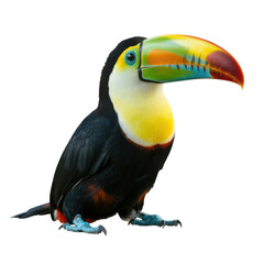 A toucan sitting calmly with bright yellow and red curved beak and detailed feathers isolated transparent background
