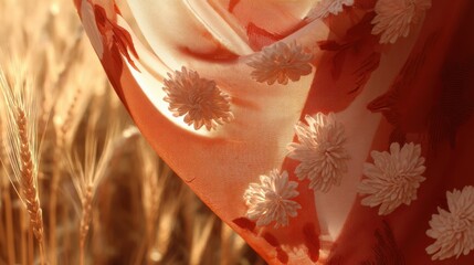 Delicate sheer fabric with reddish-orange hue and white floral patterns gently draped, embossed flowers appear three-dimensional, floating in golden wheat field at sunrise or sunset, 