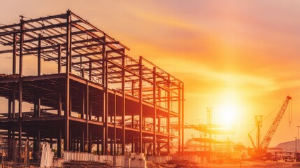 Construction site at sunset with multi-story steel structure, vibrant orange sky, crane, scattered materials, and expansive building area.