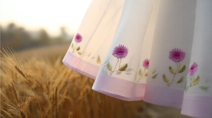 Delicate white sheer dress with pink trim, embroidered purple flowers, green leaves, golden wheat field, soft warm sunrise or sunset glow, blurred distant trees, serene pastoral atmosphere.