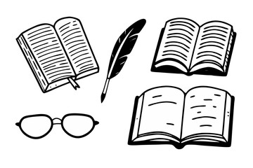 Hand drawn books feather and glasses illustration