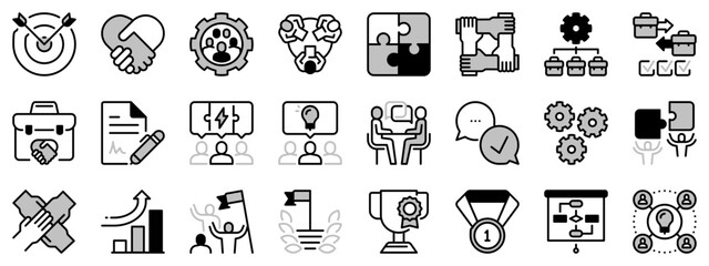 Icons in two tones about partnership. Business concept.
