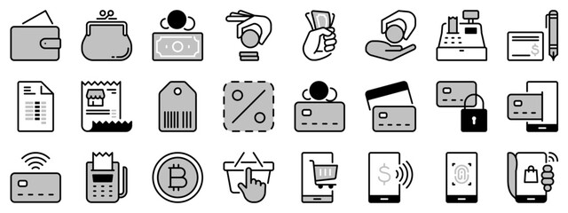 Icons in two tones about payment methods. Shopping