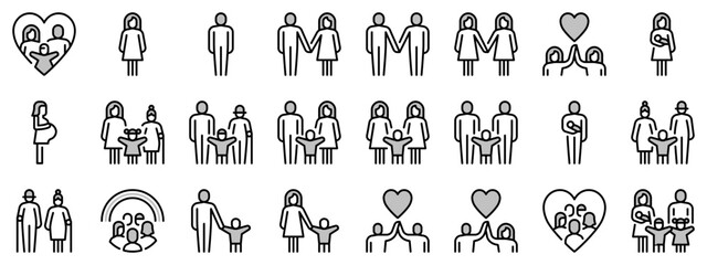Icons in two tones about people, types of family structures