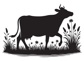 Silhouette of a serene cow grazing idyllic pasture farm landscape