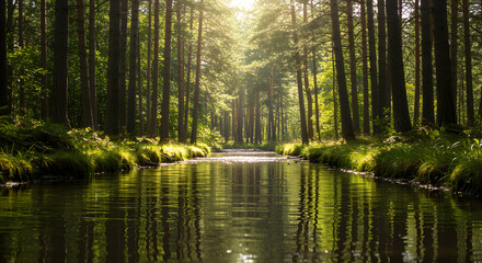 Obraz premium Morning light bathes the green forest, its trees perfectly reflected in the still, clear water of the lake