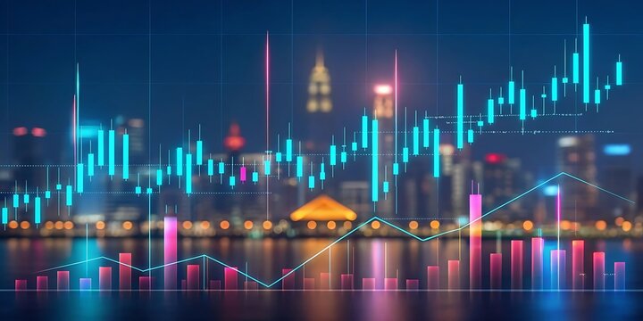 Stock market chart analysis with city skyline financial graph