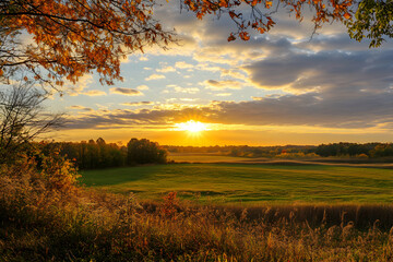 Fototapeta premium Autumn Sunset over Green Field Golden Hour Landscape