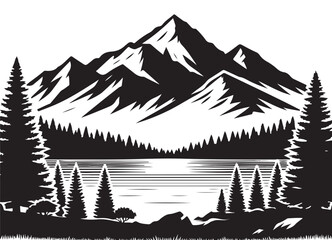 Serene Mountain Lake Silhouette with Pine Trees at Sunset