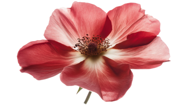 Single red rose in full bloom with velvety petals romantic flower symbol of love isolated on white background