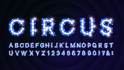 Retro Circus Alphabet with Blue Light Bulbs – LED Cabaret Style Letters and Numbers Vector