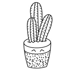 Cute cactus black and white outline illustration. Hand-drawn cartoon succulent in pot with zigzag...
