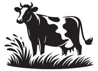 Silhouette of cow in pasture vector drawing art illustration and dairy farm