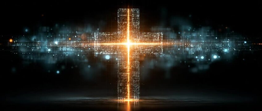 Digital Christian cross, God, Jesus Christ, technology, backdrop, and religion example of a contemporary computer, internet, and religion that shines brightly and is accessible through data science Bi