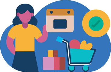 Woman planning and checking shopping activity with calendar_ cart_ and confirmed sign