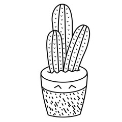 Cute cactus black and white outline illustration. Hand-drawn cartoon succulent in pot with zigzag...