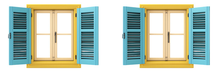 Two open windows with blue shutters and yellow frames isolated on white or transparent png