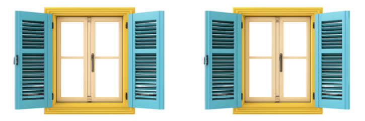Two open windows with blue shutters and yellow frames isolated on white or transparent png