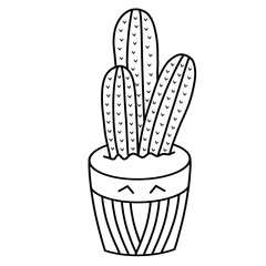 Cute cactus black and white outline illustration. Hand-drawn cartoon succulent in pot with zigzag...
