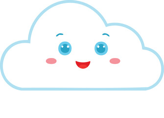 A cute flat-style vector of a smiling white cloud with rosy cheeks and blue eyes