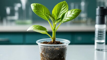 Young microplant in pot after successful propagation showing lab to soil transition