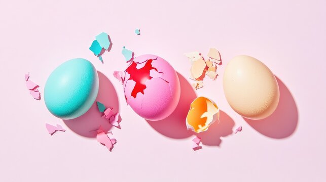 Broken colored eggs positioned in triangular layout with shadows on white