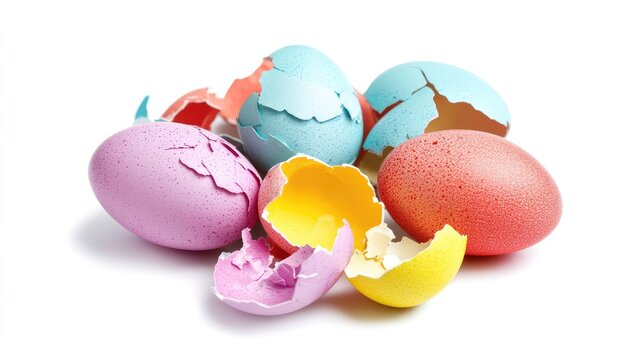 Broken colored eggs positioned in triangular layout with shadows on white