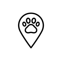Map pin with paw print – represents pet location or tracking, outline icon