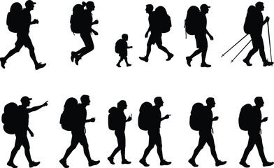 Vector silhouette of hikers walking with backpacks, trekking family with child, outdoor adventure poses, group travel illustration, mountain hiking scene