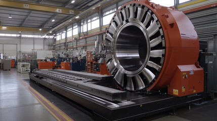 Obraz premium CNC lathe visible beside massive propeller ring in a production area