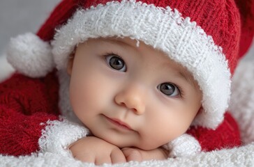 A cute baby wearing a Santa hat, lying on a white bed with a white blanket, against a light blue background.