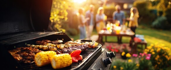 The barbecue grill sizzles with appetizing food during a lively outdoor gathering.