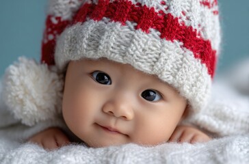 A cute baby wearing a Santa hat, lying on a white bed with a white blanket, against a light blue background.