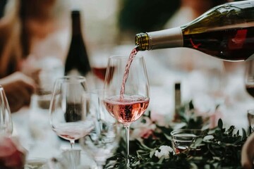 Party and holiday celebration concept. Many glasses of champagne on the table in the restaurant. Waiter pouring rose sparkling wine from bottle to glass. Drinks Serving. Weekend festival, wedding