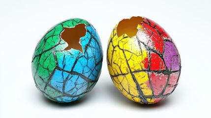 Colorful eggs cracked open at the top, contents removed, on white background