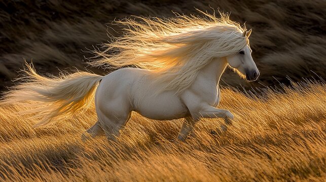 Majestic white horse galloping across golden field, mane and tail flowing in wind