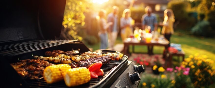The barbecue grill sizzles with appetizing food during a lively outdoor gathering. - Powered by Adobe