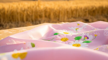 Intricate floral embroidery on pink fabric with white, yellow, pink, purple flowers, green leaves, against golden wheat field, evoking pastoral tranquility and handmade beauty.