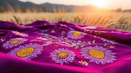 Vibrant purple fabric with intricate floral embroidery featuring large yellow-centered flowers, delicate white petals, green leaves, set against golden-hued tall grass bathed in warm sunlight, 