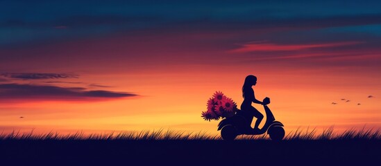 Silhouette of woman on scooter with flowers at sunset