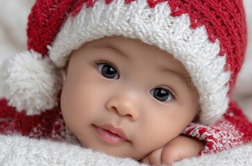 Cute baby wearing a Santa hat, lying on a white blanket