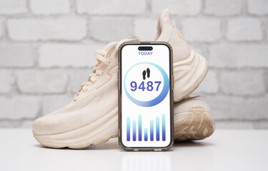 Step-tracking app displayed next to white athletic shoes. Fitness and health concept. Mobile pedometer, active lifestyle, and daily activity monitoring