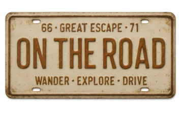 Vintage Route Sixty Six License Plate Design featuring On The Road travel wanderlust theme ideal for road trip posters and travel blogs