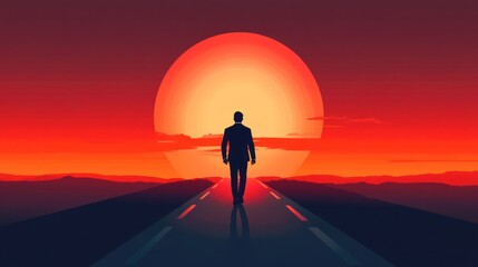 Silhouette of a person walking towards a large red sun