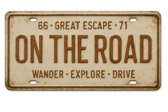 Vintage Route Sixty Six License Plate Design featuring On The Road travel wanderlust theme ideal for road trip posters and travel blogs